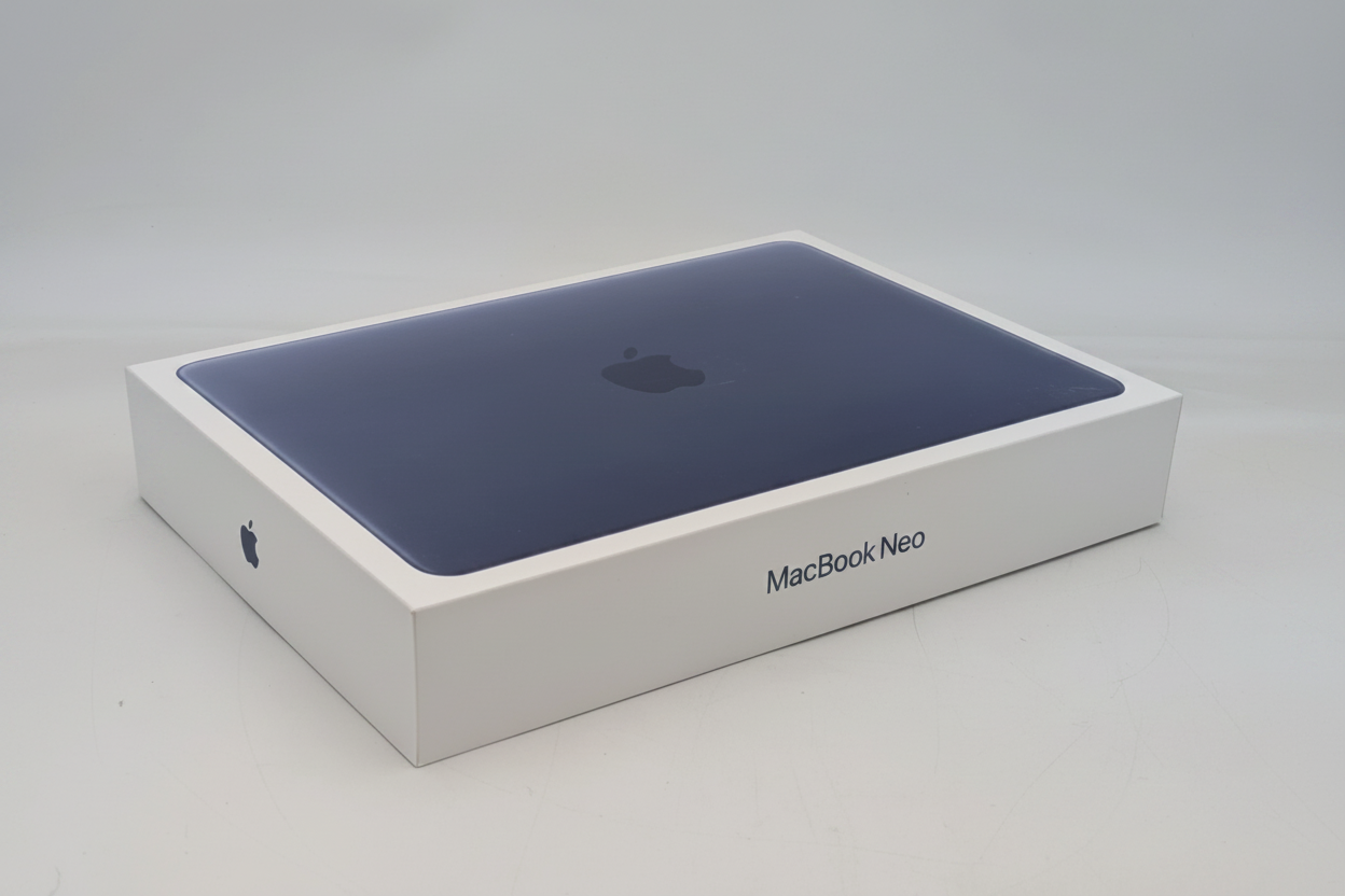 Caja MacBook Neo con fondo de estudio
