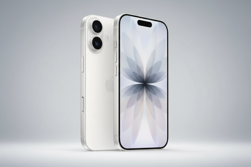 iPhone 16 blanco con fondo de estudio