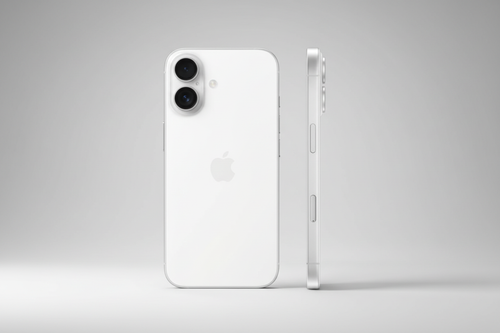 iPhone 16 blanco lateral con fondo de estudio