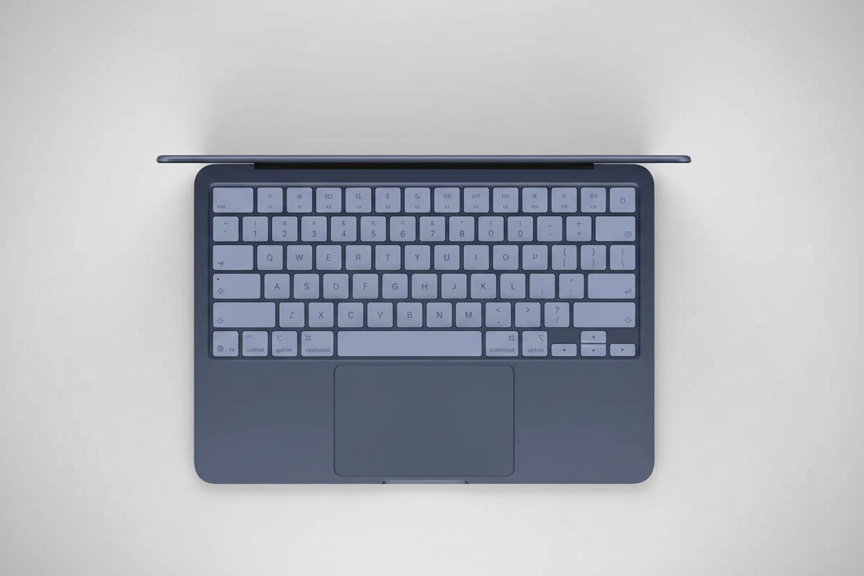 MacBook Neo teclado top-down con fondo de estudio